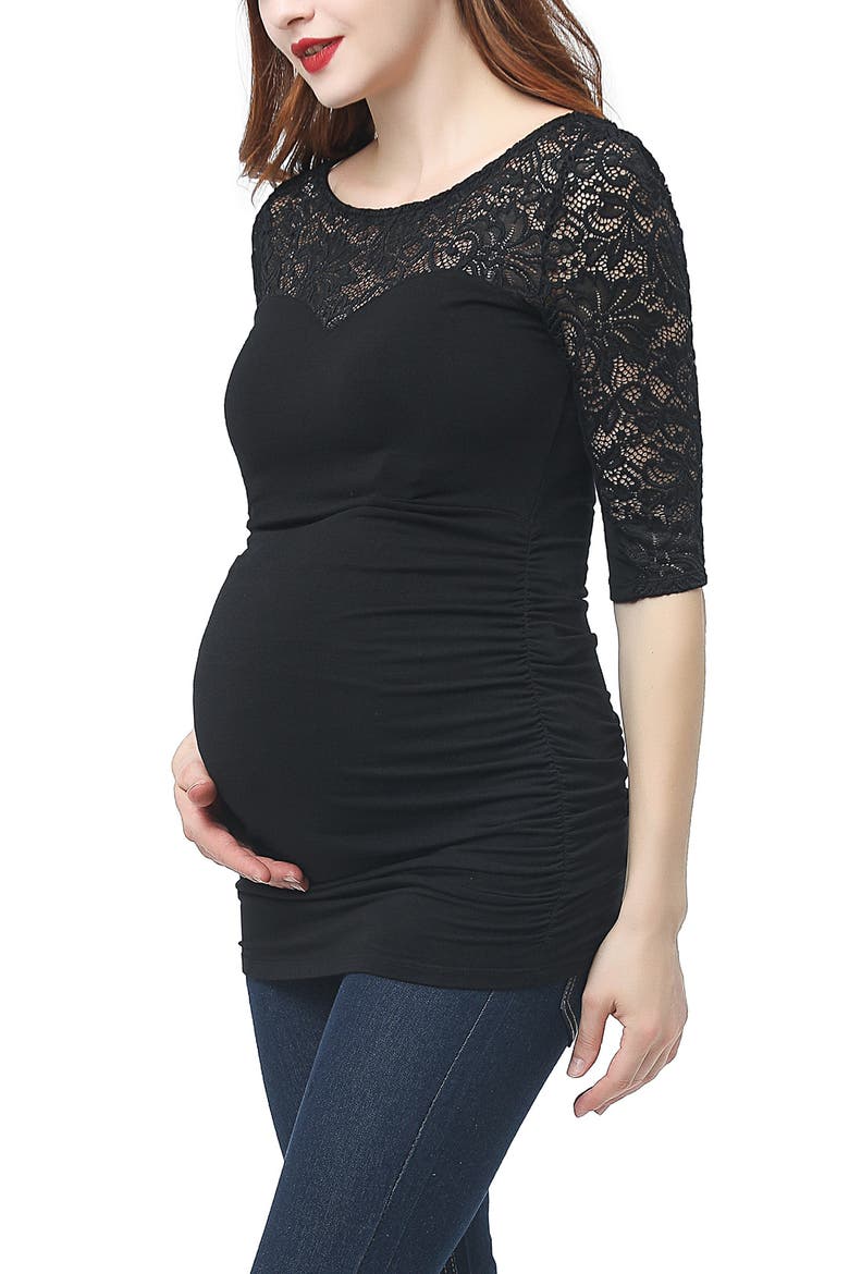 Lace Trim Ruched Maternity Top, Alternate, color, BLACK