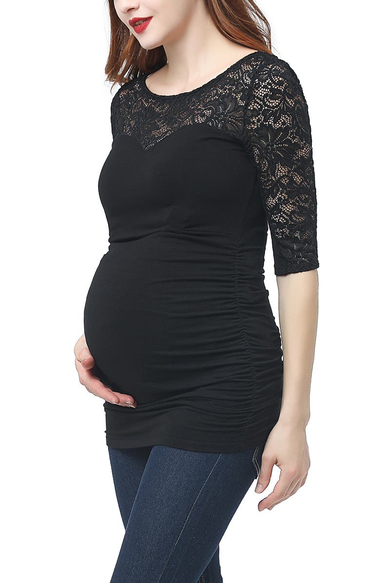 Kimi and Kai Lace Trim Ruched Maternity Top, Alternate, color, Black