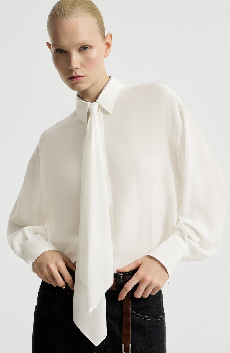 Brunello Cucinelli Silk shirt with tie, Alternate, color, White
