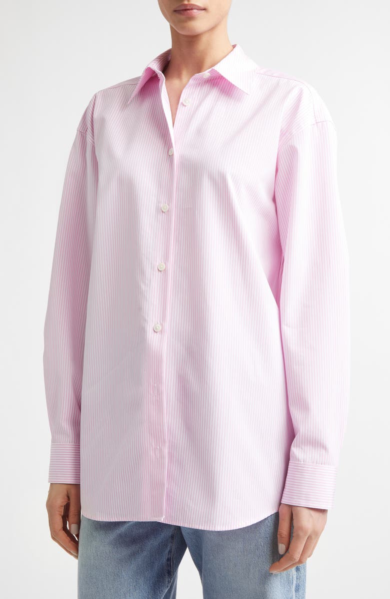 TOTEME Classic Tumbled Stripe Organic Cotton Button-Up Shirt, Alternate, color, White/ Bloom