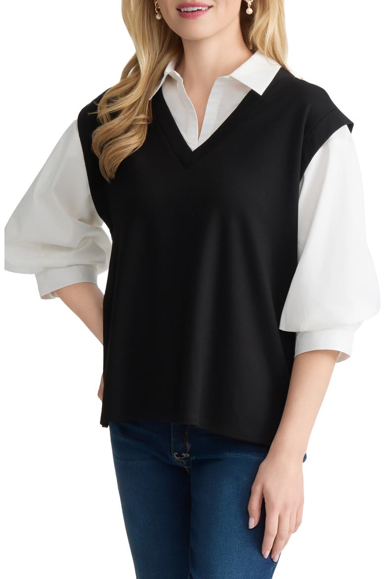 Drop Shoulder Twofer Top, Main, color, JONES BLACK/ NATURAL WHITE