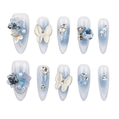 Celestial Butterfly - Long Almond Blue Press-On Nails