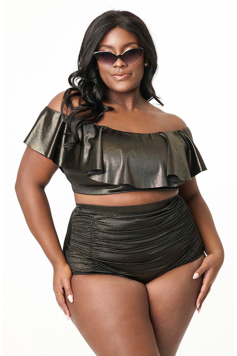 Plus Size Ruffled Ramona Swim Top, Main, color, Black Gold Shimmer