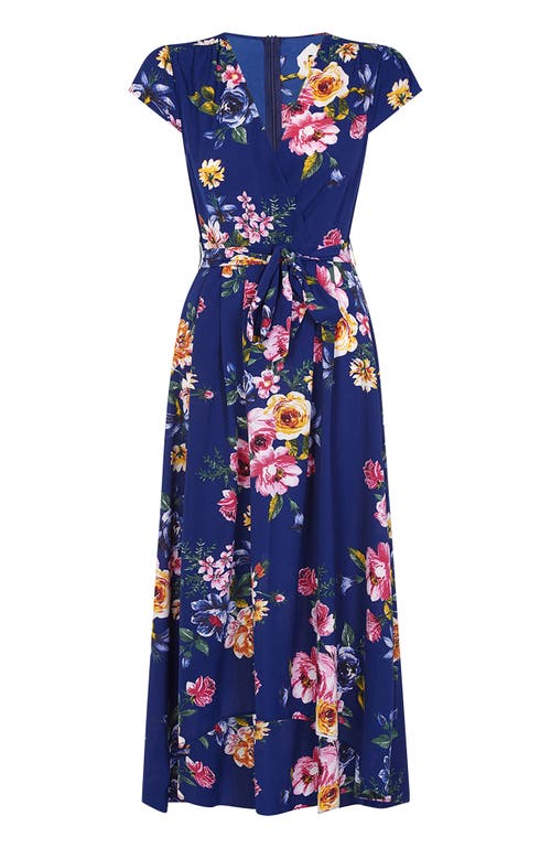 Yumi Floral Print Dipped Hem Wrap Midi Dress In Blue