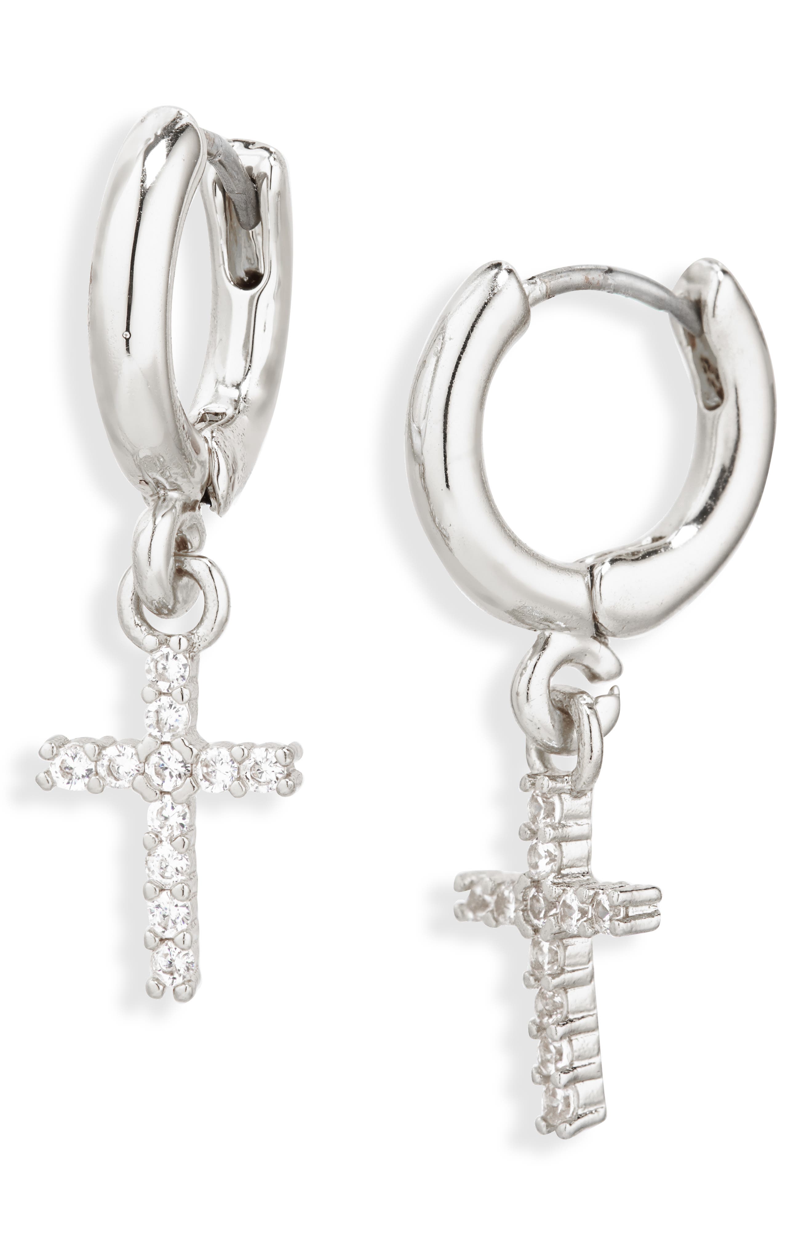 Leith Pavé Cubic Zirconia Cross Drop Huggie Hoop Earrings