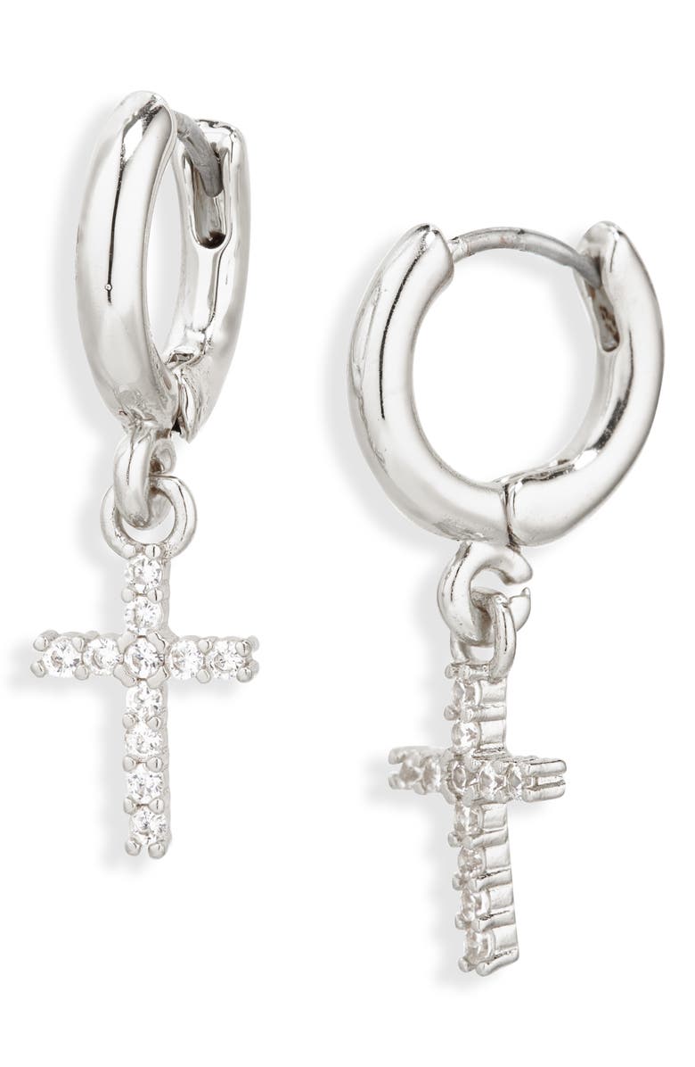 Leith Pavé Cubic Zirconia Cross Drop Huggie Hoop Earrings, Main, color, Clear- Silver
