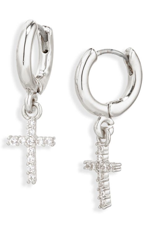 Pavé Cubic Zirconia Cross Drop Huggie Hoop Earrings