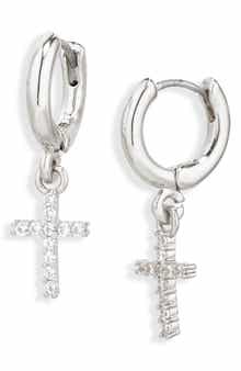 Leith Pavé Cubic Zirconia Cross Drop Huggie Hoop Earrings