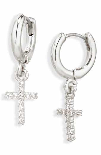 Leith Pavé Cubic Zirconia Cross Drop Huggie Hoop Earrings