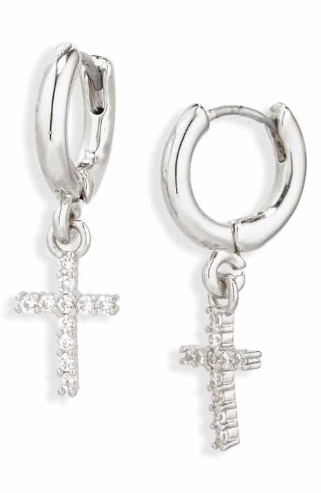 Leith Pavé Cubic Zirconia Cross Drop Huggie Hoop Earrings