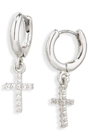 Leith Pavé Cubic Zirconia Cross Drop Huggie Hoop Earrings In Metallic