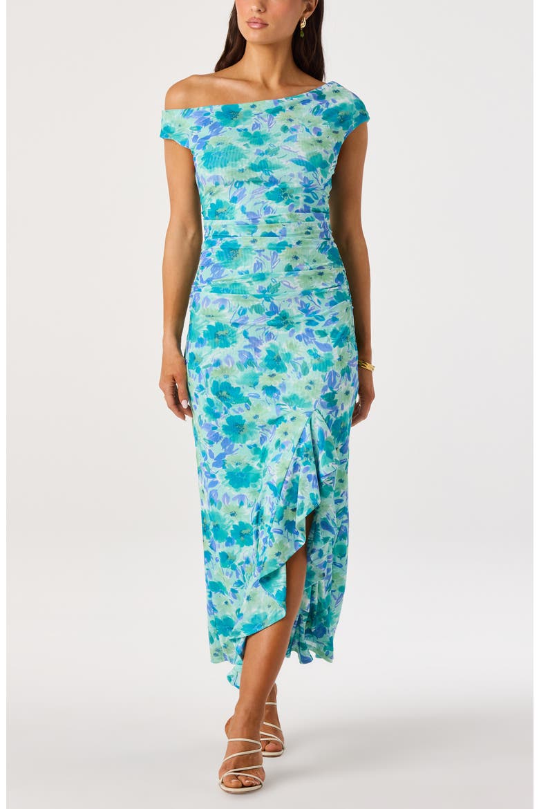 Ruched One-Shoulder Maxi Dress, Main, color, BLUE FLORAL