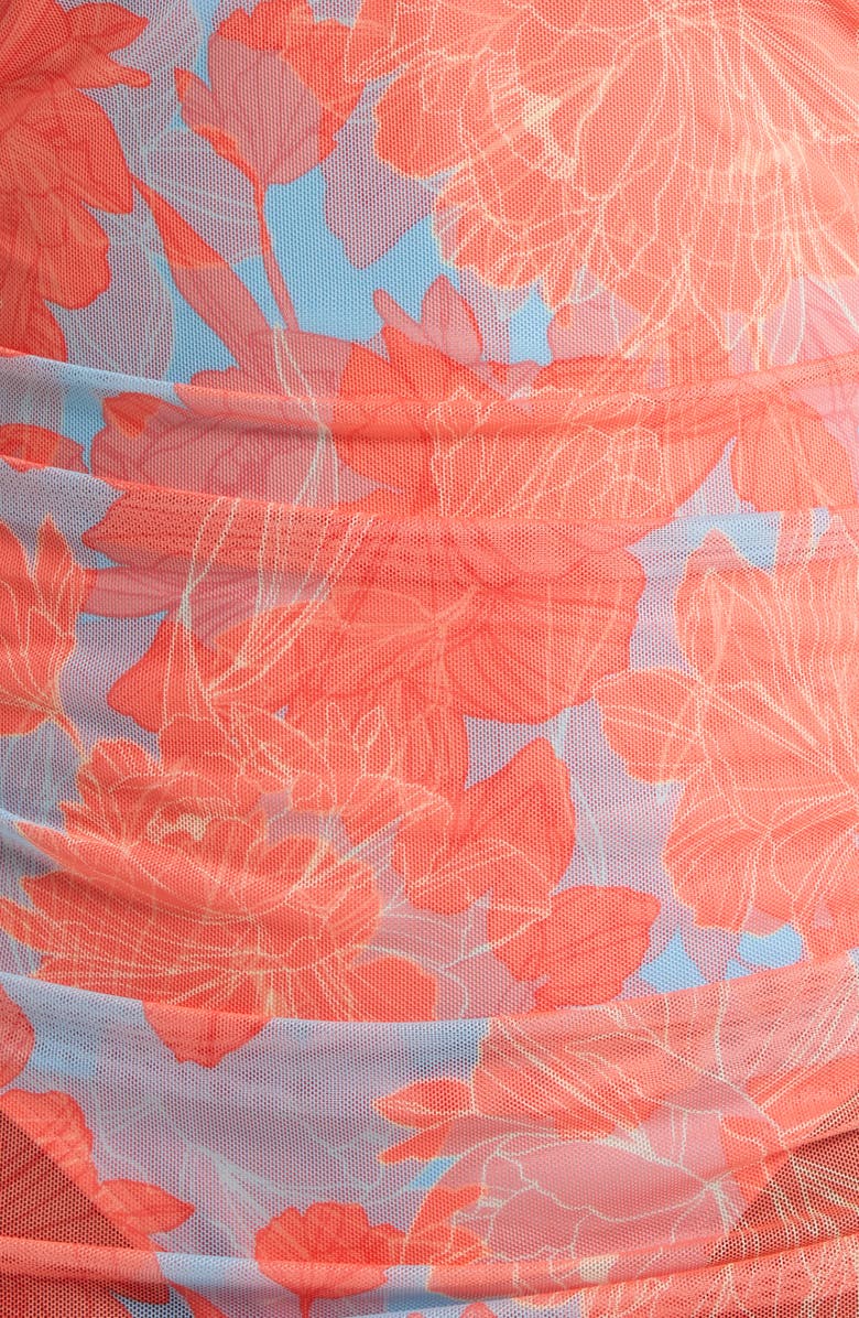 Hutch Shirred Strapless Sheer Mesh Overlay One-Piece Swimsuit, Alternate, color, Sky Blue Peonies