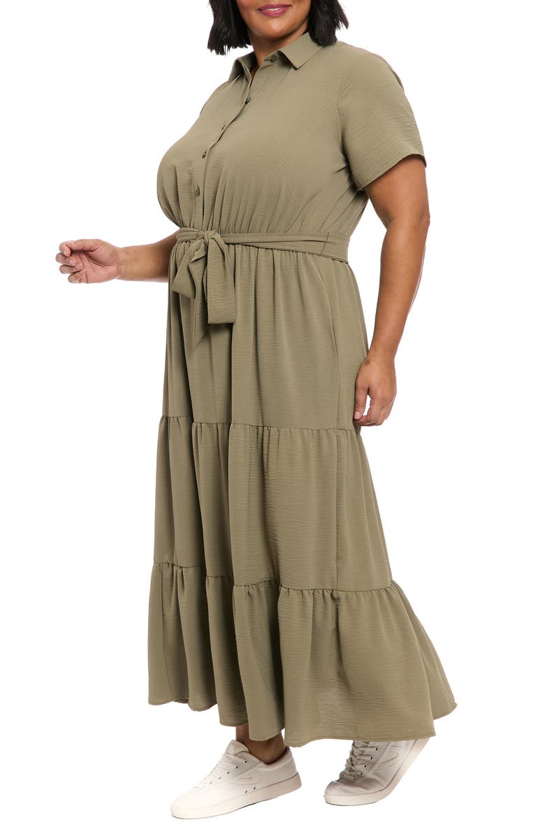 London Times Tiered Tie Waist Shirtdress, Alternate, color, Olive
