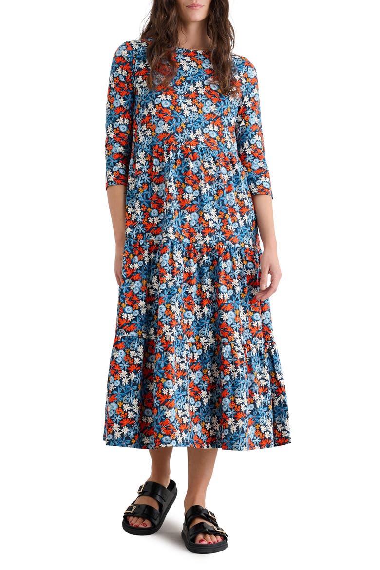 Tiered Organic Cotton Midi Dress, Main, color, PASTEL GARDEN MARITIME