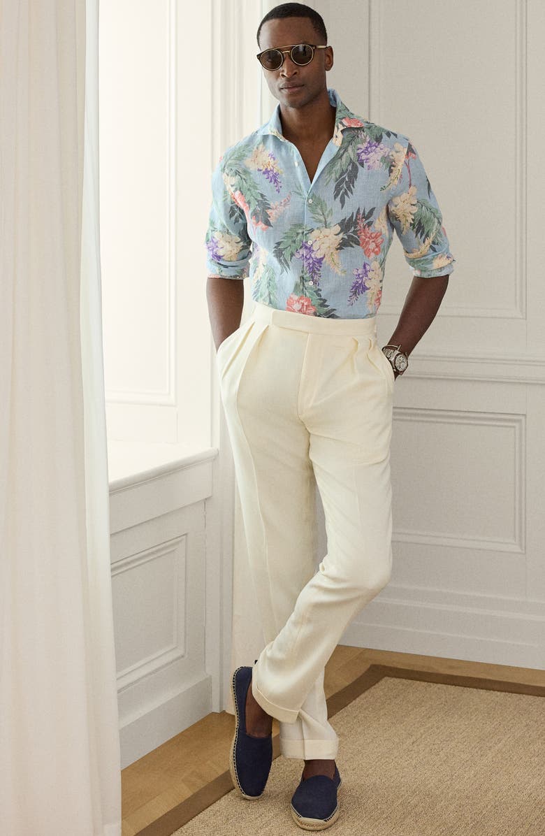 Ralph Lauren Purple Label Palma Floral Linen Button-Up Shirt, Alternate, color, Blue Multi