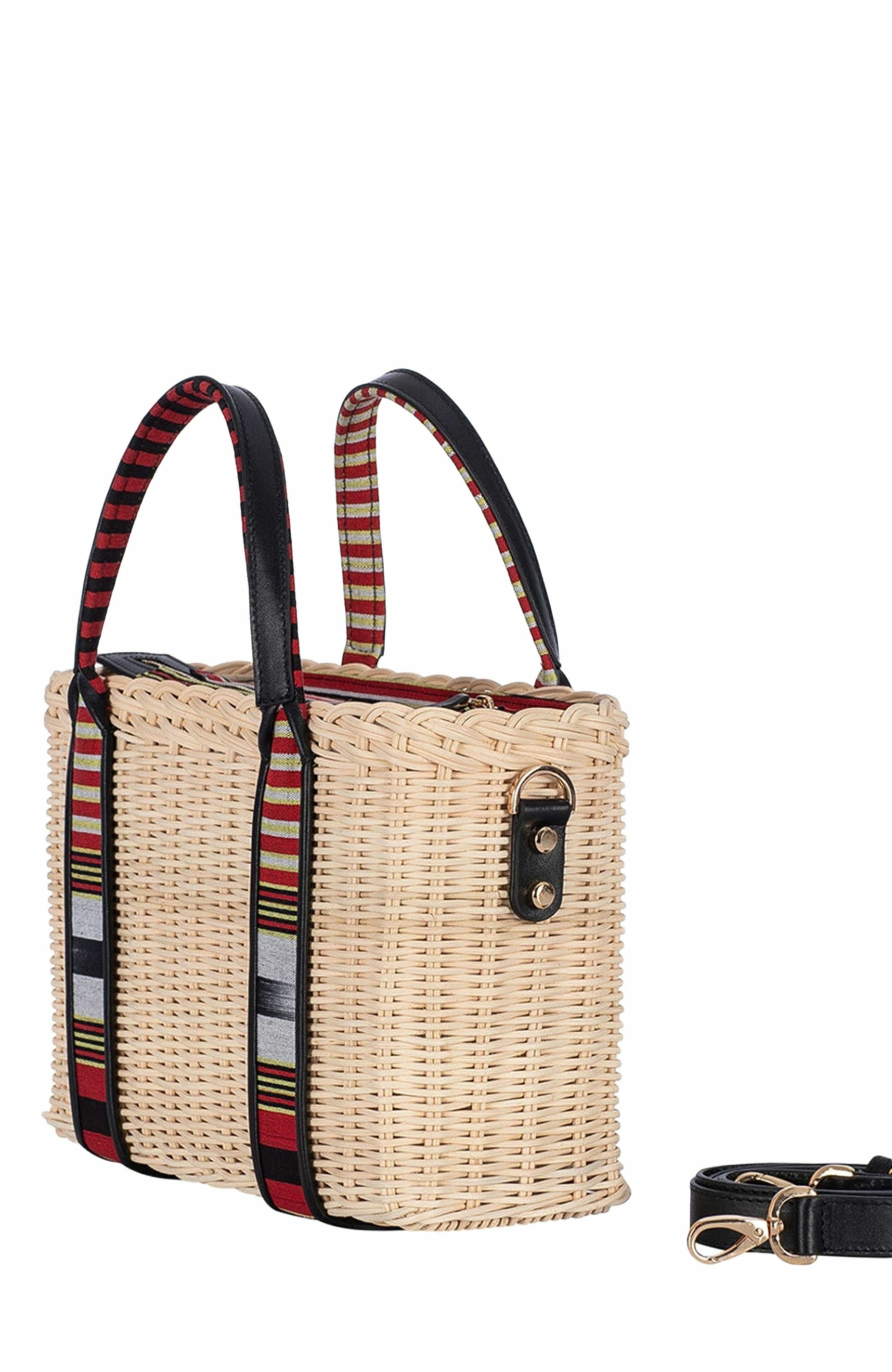 K'ai & Vrosi Woven Straw Handbag with Leather Trimmed Handles, Alternate, color, Black