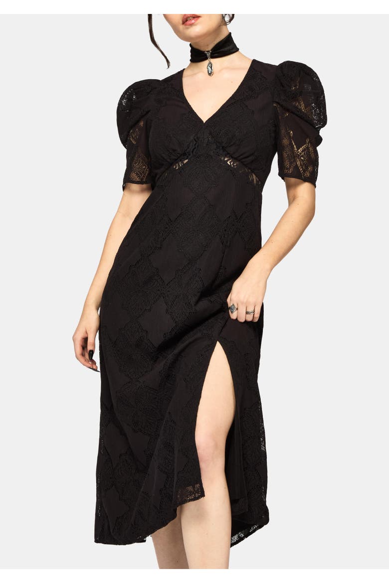 Zephyr Crossed Lace V-Neck Midi Dress, Alternate, color, Black