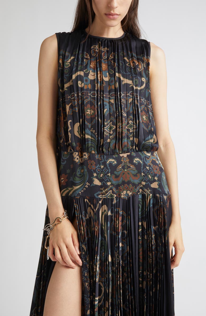 Sacai Floral Sleeveless Gathered & Pleated Dress, Alternate, color, Navy