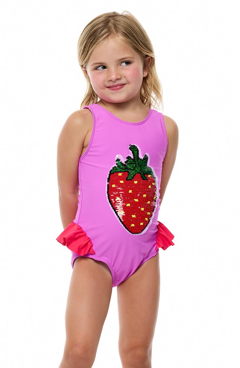 Beach Lingo Kids' Strawberry Sequin One-Piece Swimsuit, Main, color, Ultraviolet