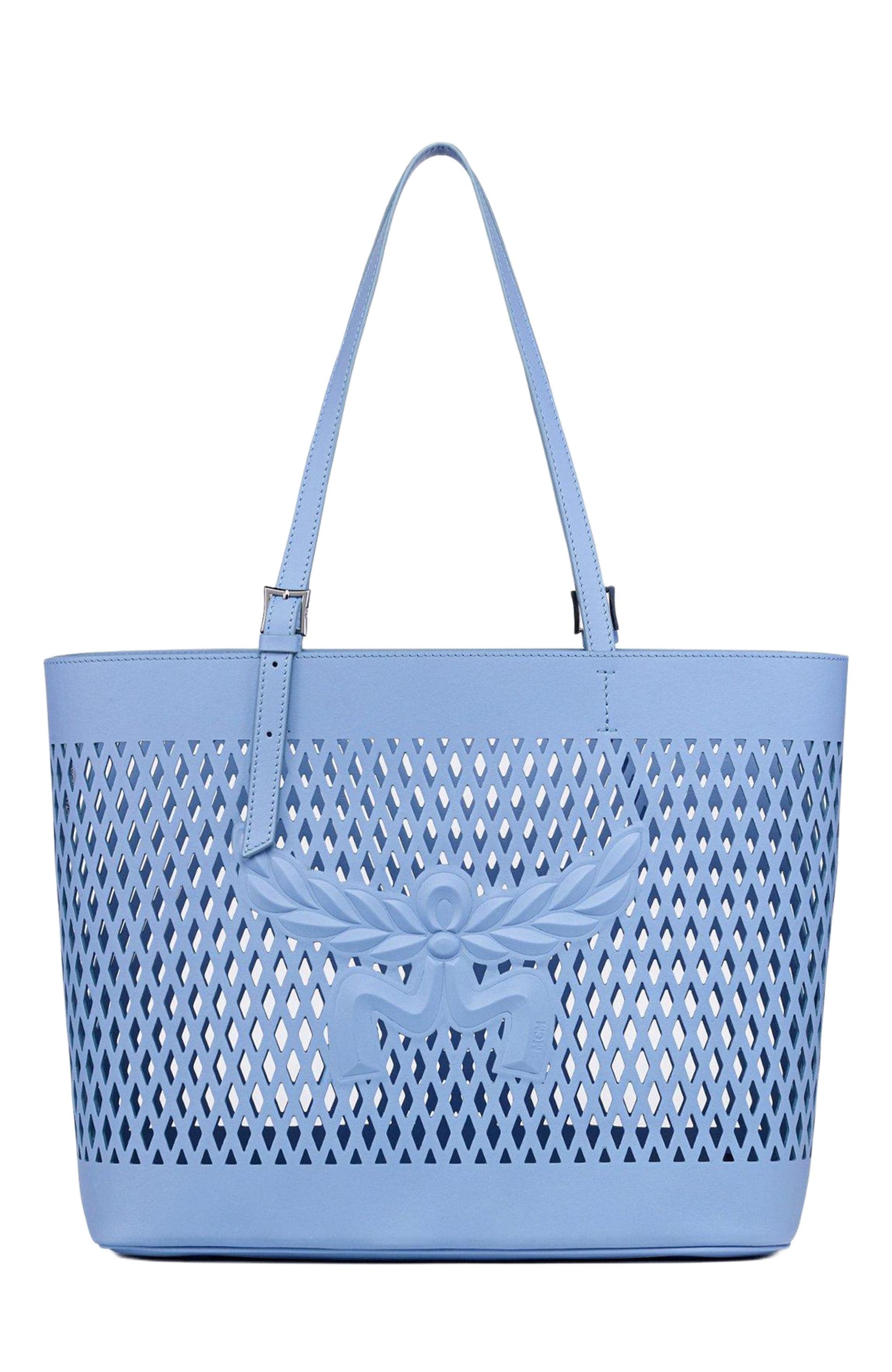 MCM Medium Himmel Shopper in Perforated Calfskin Leather, Main, color, Della Robbia Blue