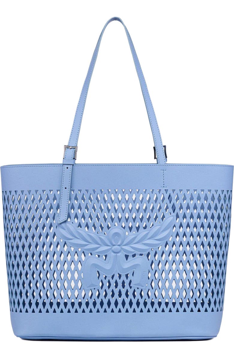 MCM Medium Himmel Shopper in Perforated Calfskin Leather, Main, color, Della Robbia Blue