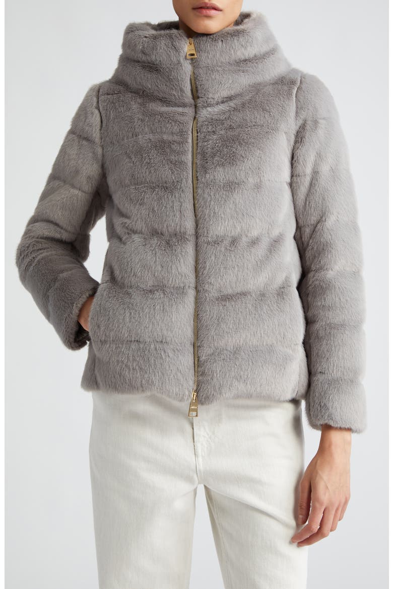 Quilted Down Faux Fur Puffer Jacket, Main, color, GREY