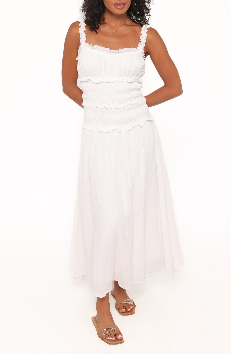 Petal & Pup Enola Shirred Ruffle Trim Midi Dress, Main, color, White
