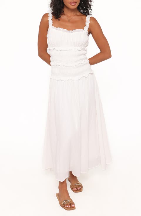 Enola Shirred Ruffle Trim Midi Dress