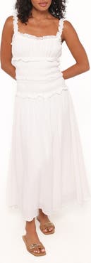 Petal & Pup Enola Shirred Ruffle Trim Midi Dress