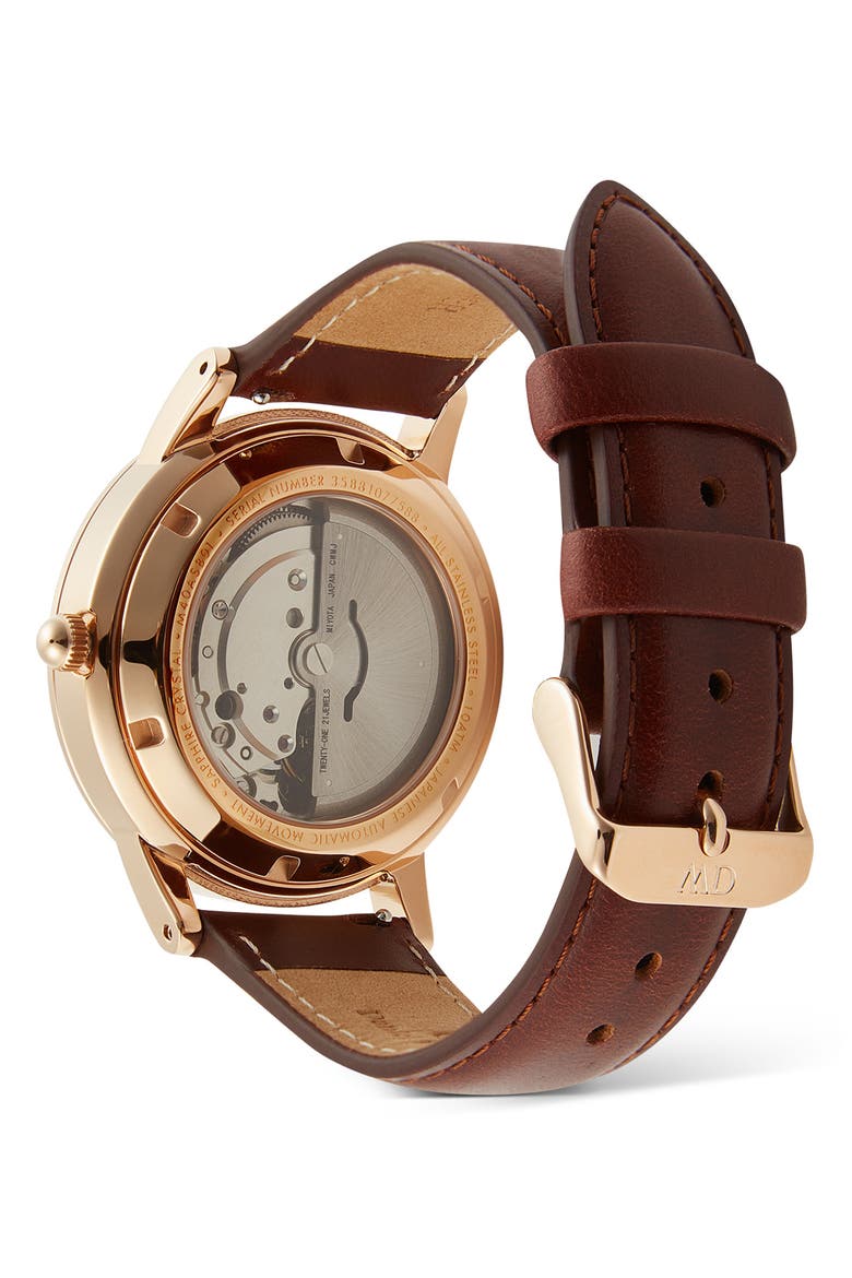 Iconic Automatic Leather Strap Watch, 40mm, Alternate, color, BROWN/ ROSE GOLD