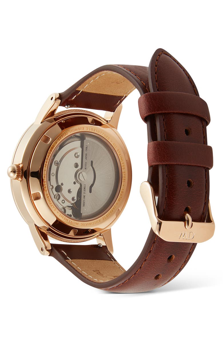 Daniel Wellington Iconic Automatic Leather Strap Watch, 40mm, Alternate, color, Brown/ Rose Gold