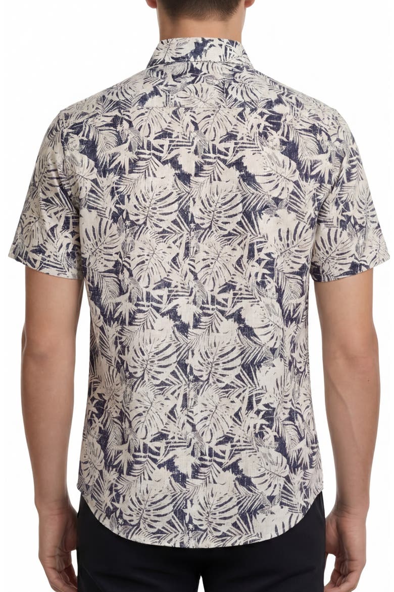 Tropical Print Short Sleeve Linen & Cotton Button-Up Shirt, Alternate, color, NAVY