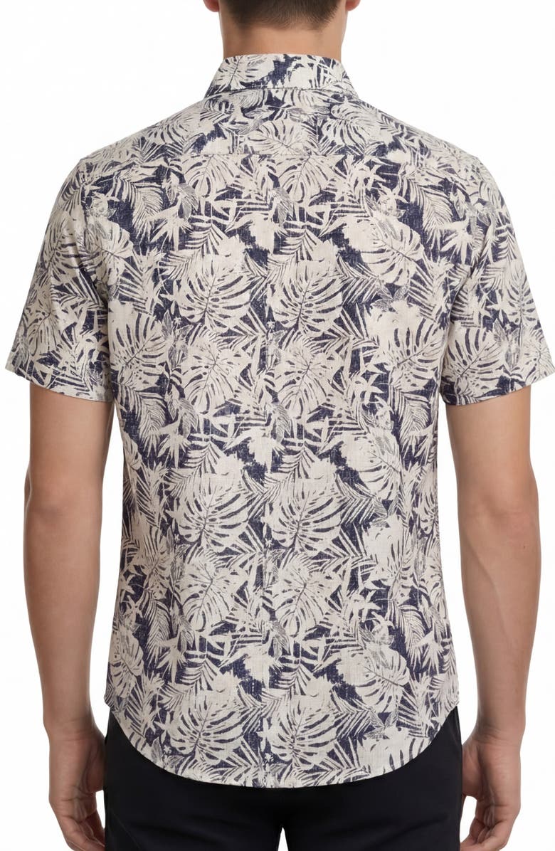 Report Collection Tropical Print Short Sleeve Linen & Cotton Button-Up Shirt, Alternate, color, Navy