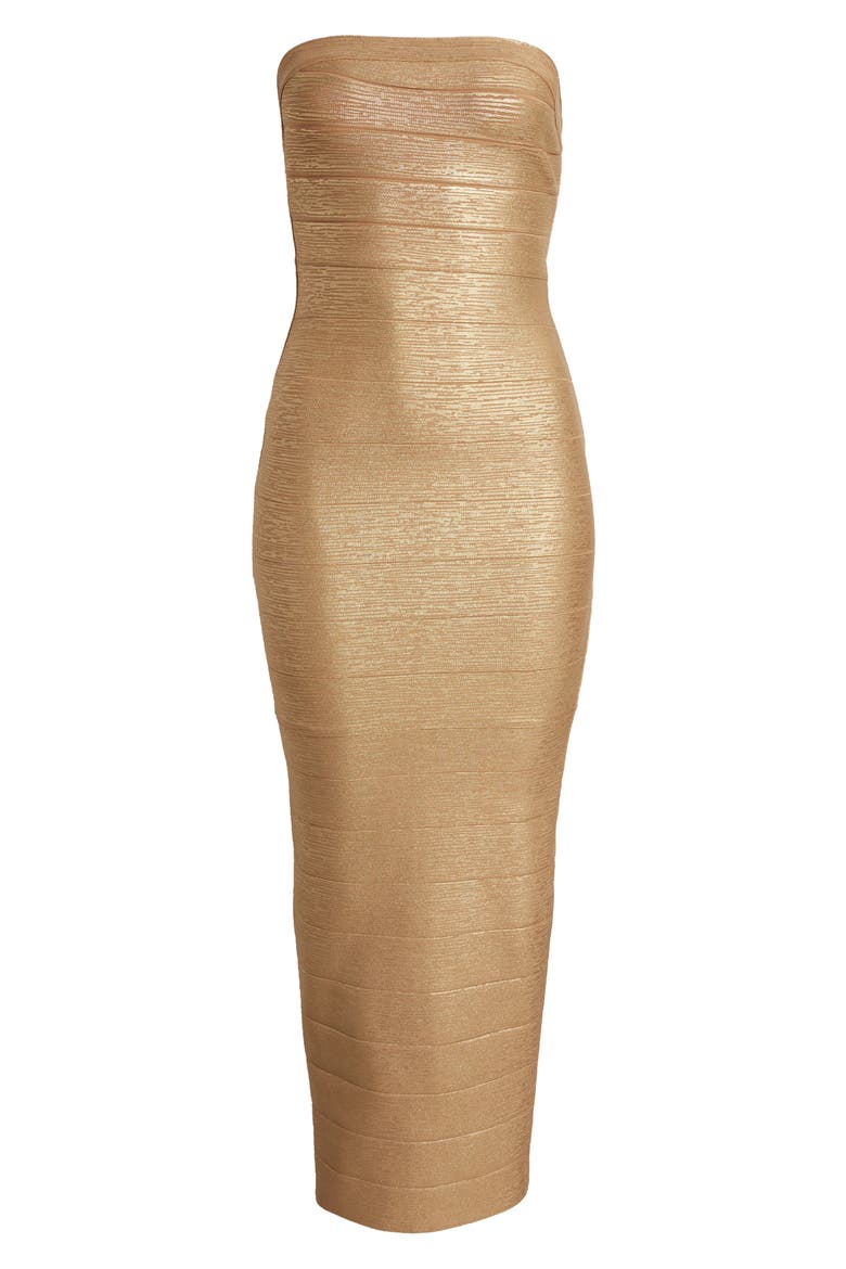 Foil Strapless Bandage Gown, Alternate, color, GOLD