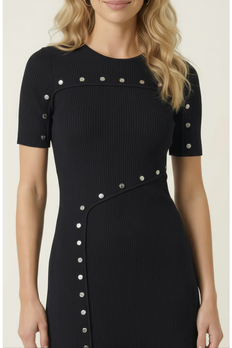Ribbed Knit Mini Dress with Stud Detail and Asymmetric Seam, Alternate, color, Black