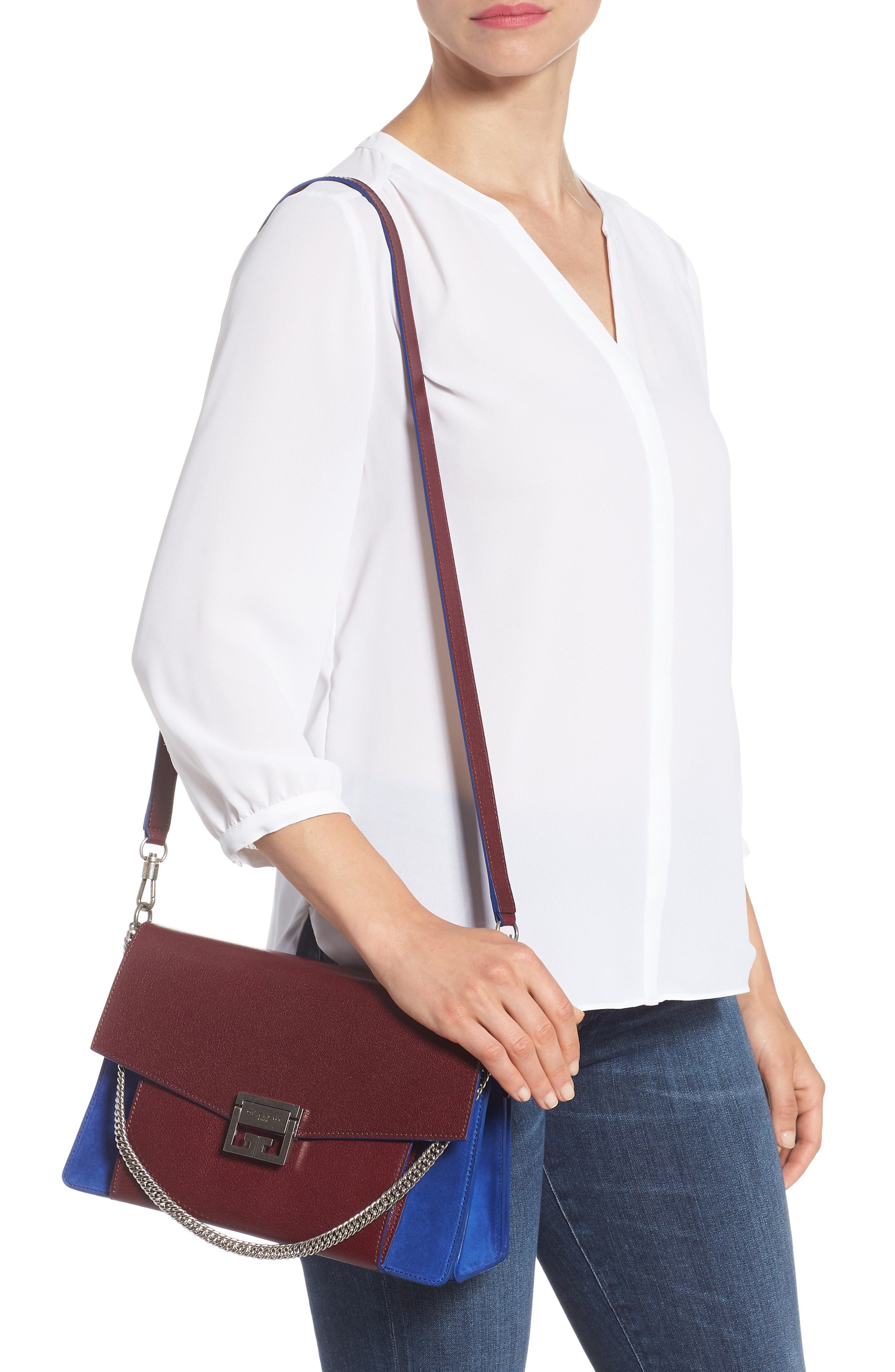 Medium GV3 Leather & Suede Handbag, Alternate, color, AUBERGINE/ BLUE