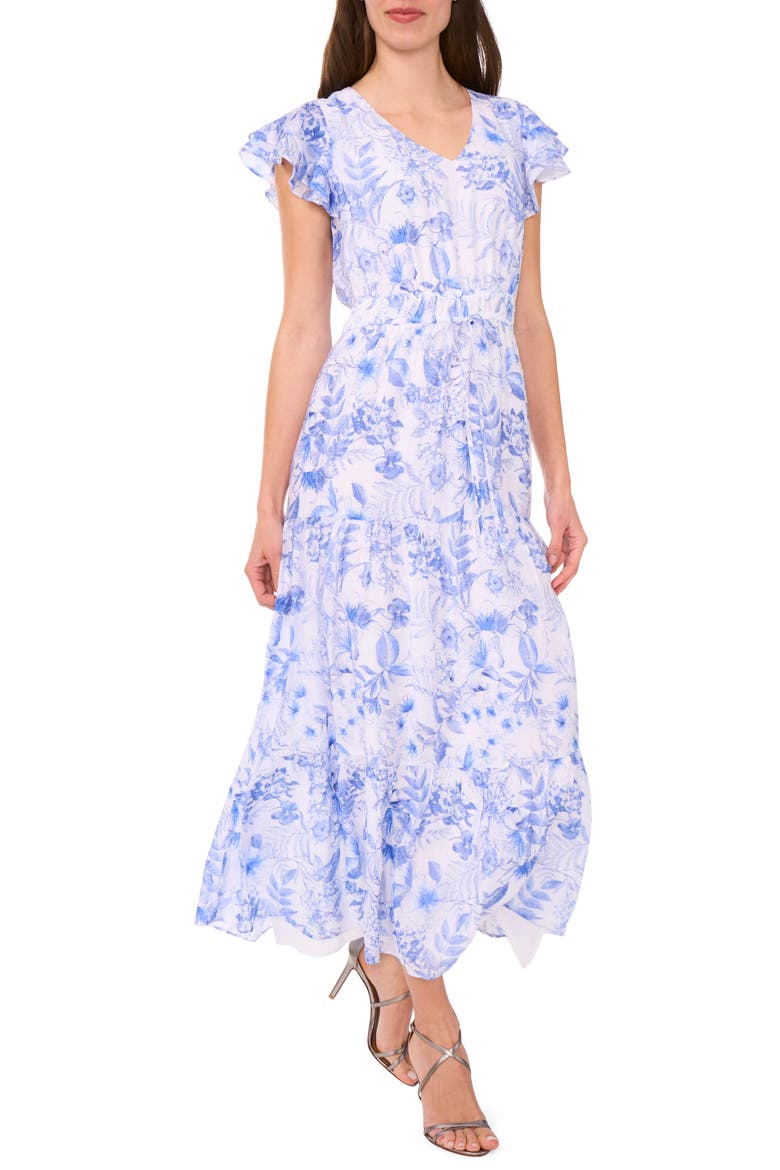 Flutter Sleeve Maxi Dress, Main, color, BRIGHT WHITE/ BLUE
