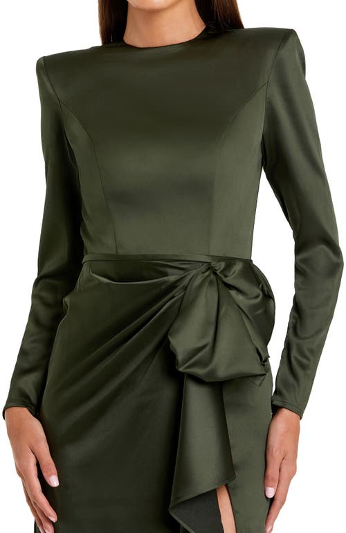 Mac Duggal Long Sleeve Structured Bow Draped Column Gown In Olive
