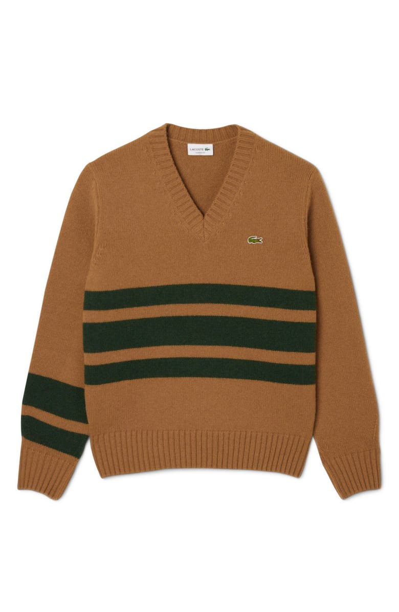 Lacoste Classic Stripe Wool V-Neck Sweater, Alternate, color, Date Brown/ Sinople