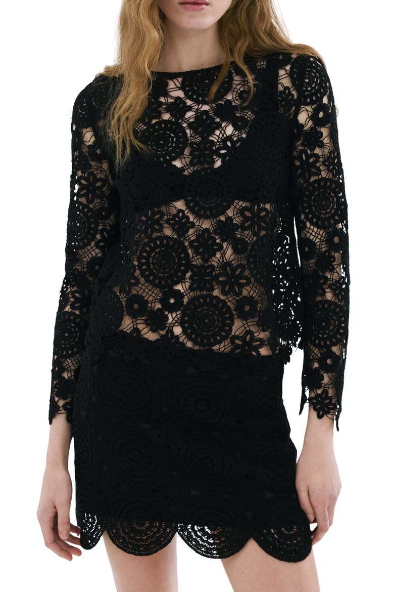 Open Work Floral Sweater, Main, color, BLACK
