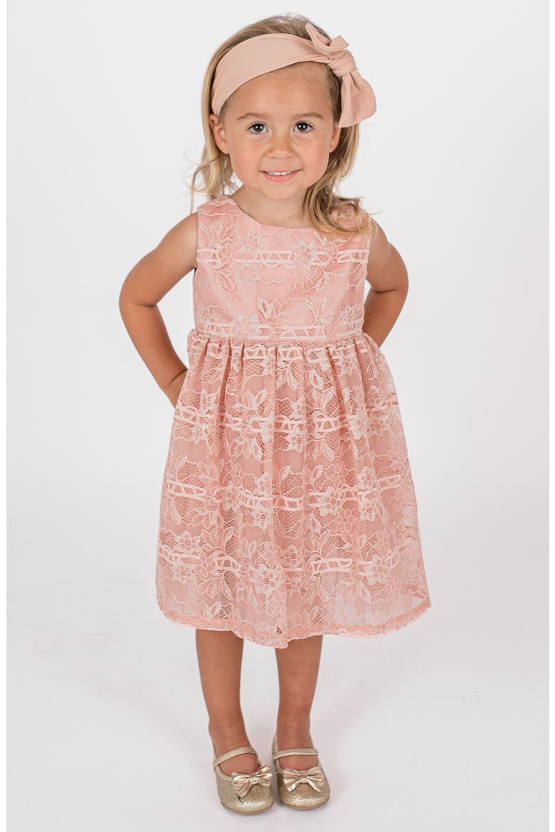 Kids' Metallic Lace Overlay Dress, Alternate, color, PEACH