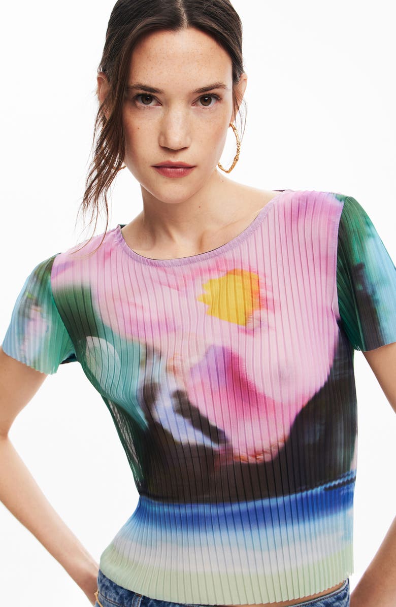 Desigual Plisa Floral Pleated Top, Alternate, color, Green