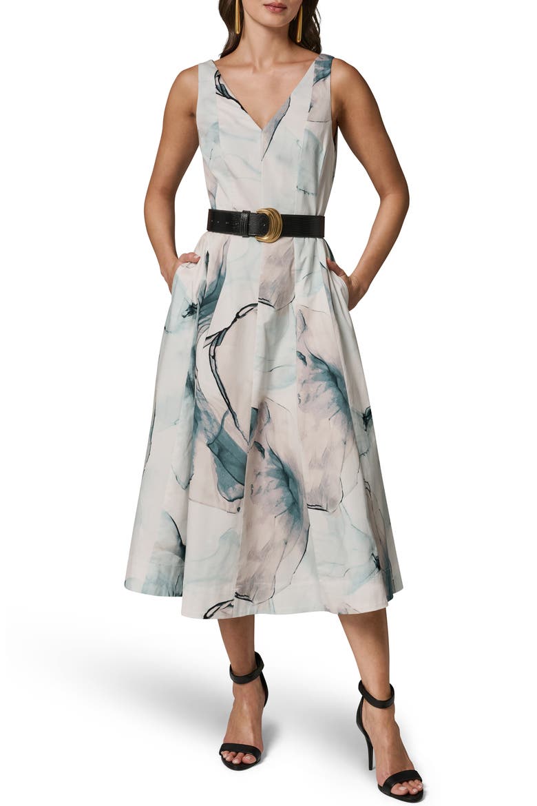 Belted A-Line Midi Dress, Main, color, SKYLIGHT MULTI