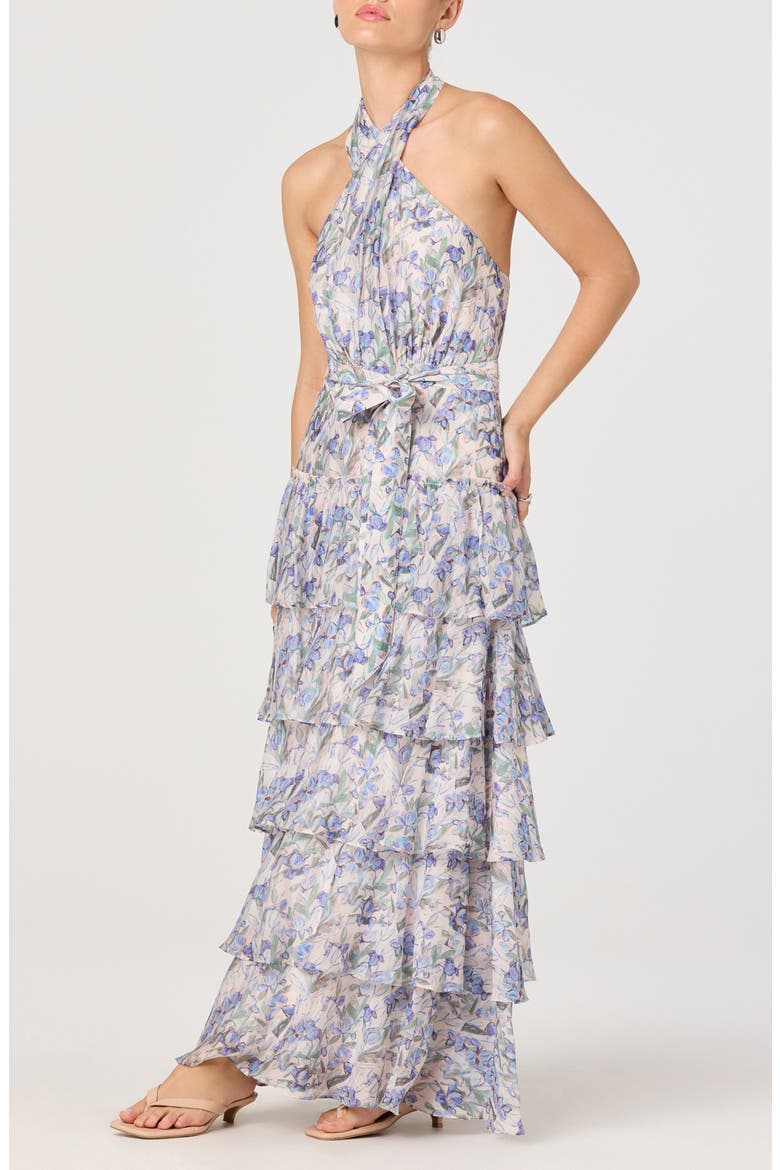 Adamaris Halter Tiered Ruffle Gown, Alternate, color, BLUE FLORAL
