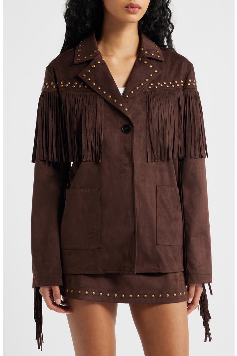 Fringe Detail Faux Suede Jacket, Alternate, color, COFFEE BEAN