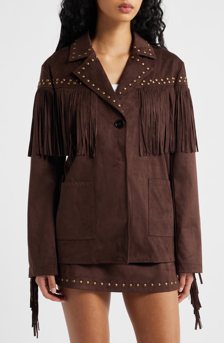 KITTENISH Fringe Detail Faux Suede Jacket, Alternate, color, Coffee Bean