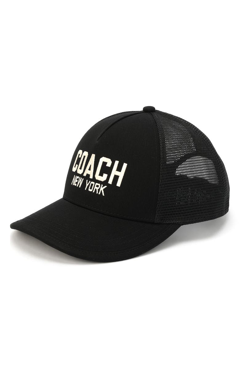 COACH Logo Cotton Twill Trucker Hat, Main, color, Black