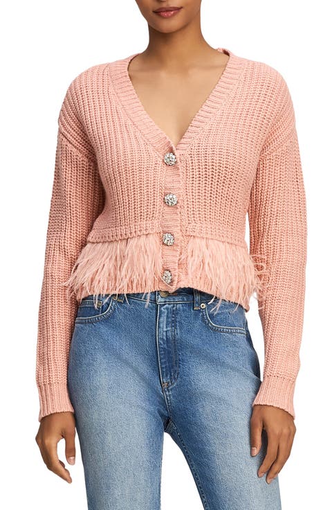 Krissi Embellished Button Feather Trim Cardigan