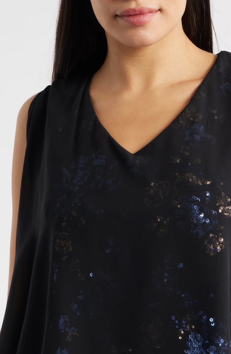 SL FASHIONS Chiffon Capelet Floral Sequin Cocktail Dress, Alternate, color, Blue Black